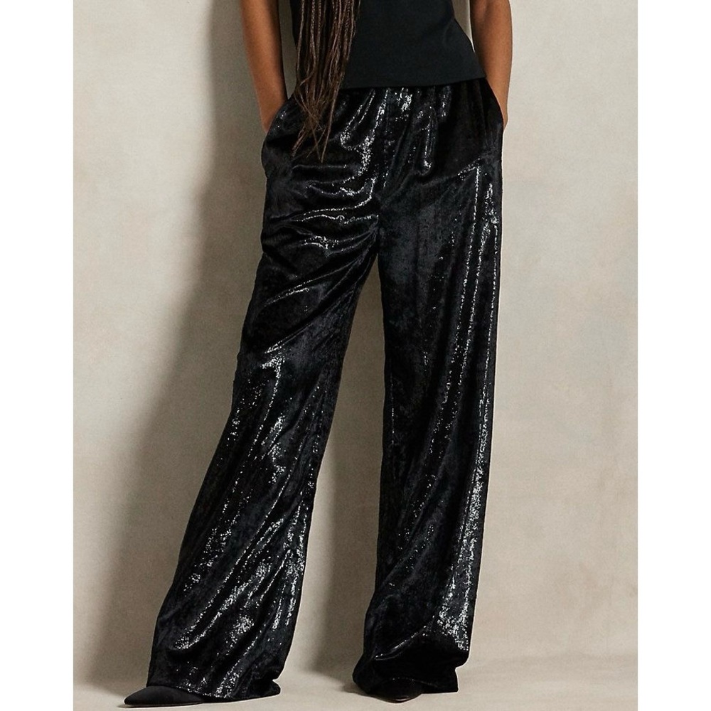 POLO RALPH LAUREN Metallic Velvet Wide-Leg Pant Black Medium M NEW NWT